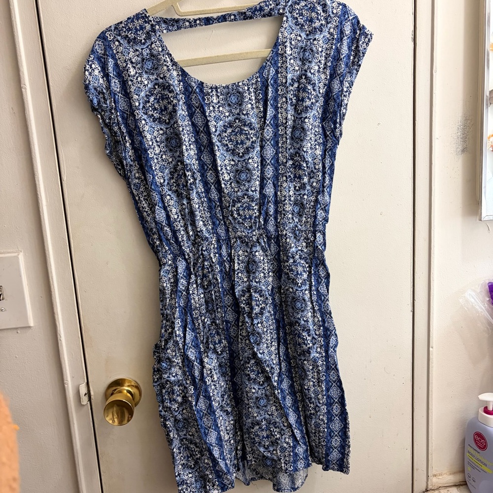 Pink Rose Blue and White Patterned Mini Dress - Picture 4 of 4